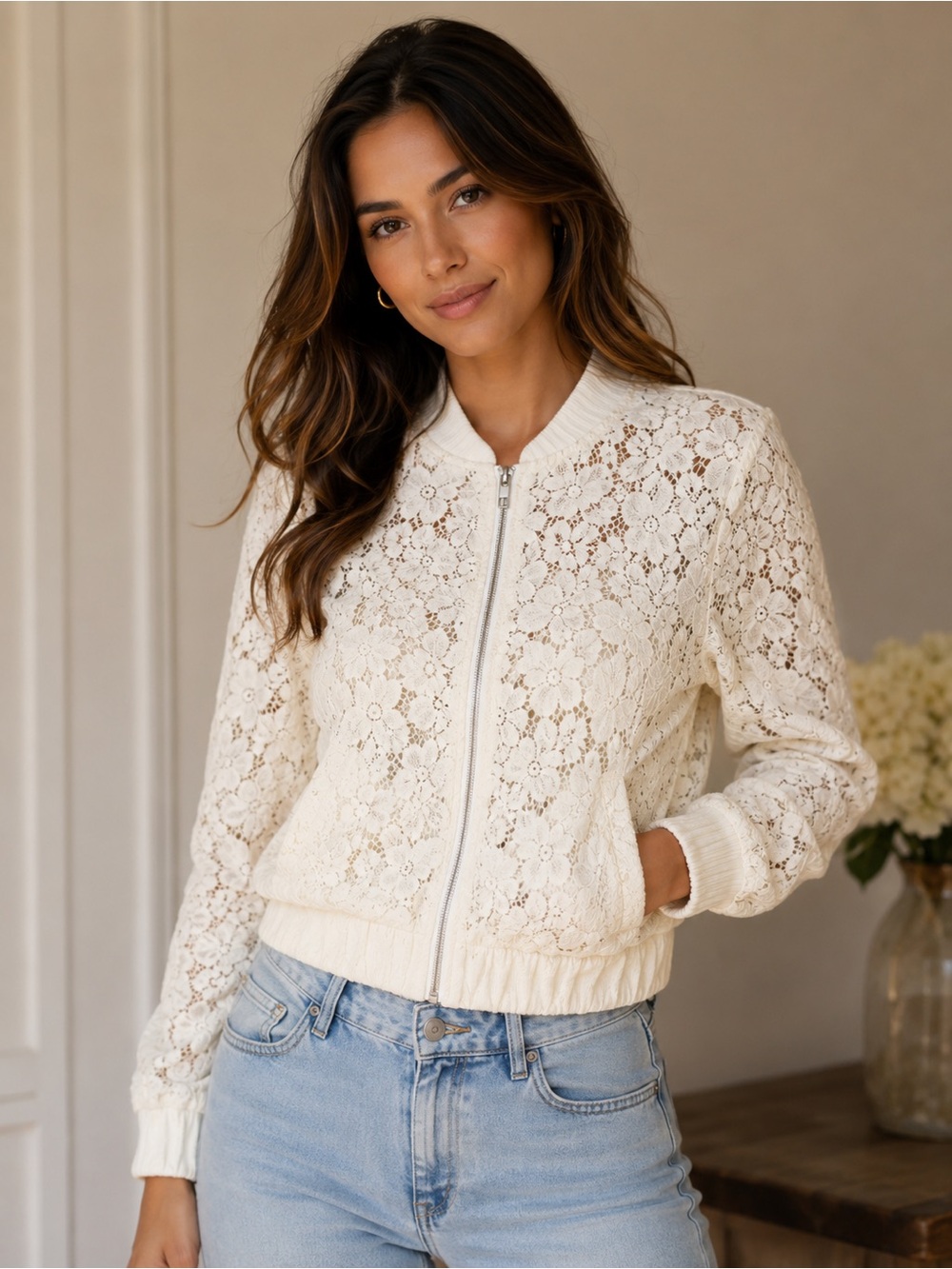 Ivory crochet Lace Zip Up jacket